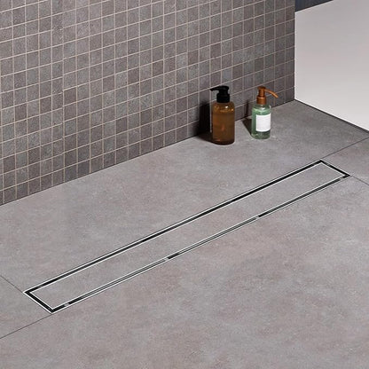 Offset Linear Shower Drain, Shower Drain 24 inch with 2-in-1 Tile Insert Cover, Brushed AISI 304 Stainless Steel Side Outlet Shower Floor Drain with Hair Catcher and Adjustable Feet