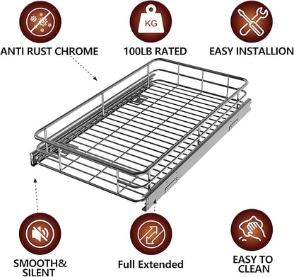 Cabinet Pull Out Shelves (17" W x 21" D), Heavy-Duty Premium Collection Slide Out Shelves, Metal Roll Out Shelves for Kitchen Cabinets, Anti-Rust Chrome Finish