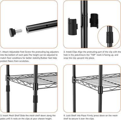 IZEUK 4 Tier Metal Wire Shelf Unit, Black Storage Rack Organizer for Kitchen, Bedroom, Living Room or Laundry Room, 17.7" W x 11.8" D x 41.9" H