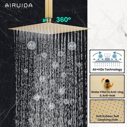 Airuida Shower Faucet Set and Handle Set Single Function Shower Trim Kit Ceiling Mount Rainfall Shower System with Male Threads and Rough-in Valve 10 Inch Square Shower Head Brushed Gold