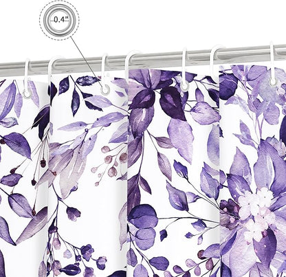 Gibelle Small Stall Shower Curtain 36 x 72, Narrow Purple Floral Shower Curtain for Bathroom, Watercolor Plant Eucalyptus Leaves Fabric Shower Curtain Set