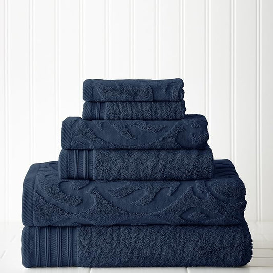 Modern Threads 6 Piece Jacquard/Solid Towel Set-Medallion Swirl Denim