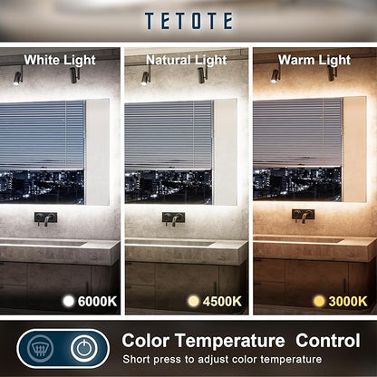 TETOTE 24 x 36 Inch LED Backlit Bathroom Mirror with Lights, 3Color White/Warm/Natural, Anti-Fog Lighted Mirror,Dimmable,Vanity Mirror,Wall Mounted