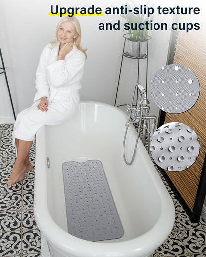 Non Slip Bathtub Mat for Tub & Shower, Machine Washable 40"x16" Anti Slip Bath Mat with 2 Hooks, Soft & Comfortable and Extra Large for Families, Grey
