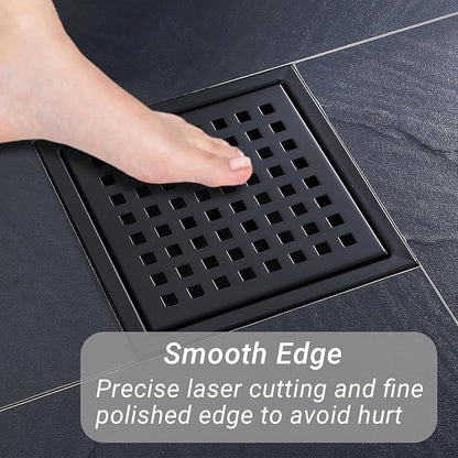 6 Inch Square Shower Floor Drain, Stainless Steel Black Shower Drain Kit with Flange, Floor Drain with Removable Grid Cover,Matte Black