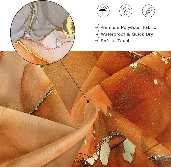 Extra Long Shower Curtain 72 x 96 Inch, Orange Floor to Ceiling X-Long Abstract Marble Shower Curtains for Bathroom, Modern Luxury Art Ink Fabric Shower Curtain Set with Hooks