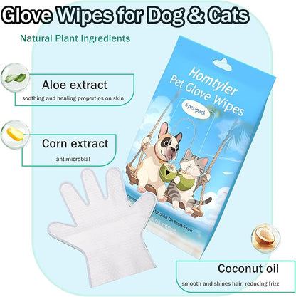 Dog Wipes Cleaning Deodorizing & Washing Gloves for Pets, Glove Wipes Pro for Dogs & Cats with Coconut Oil, Extra-Thick,Lick-Safe for Paws,Eyes,Ears&Body, Rinse-Free Waterless Bath,6PCS