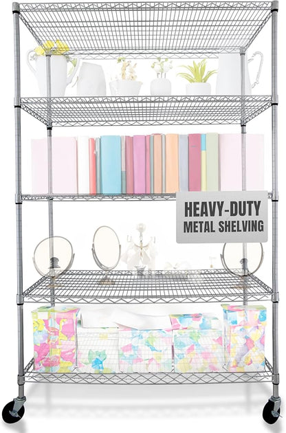 4000 LBS Heavy Duty Metal Shelving Unit – 36x18x76 NSF 5-Tier Wire Rack with Wheels, Adjustable Garage Storage Shelves, Chrome Wire Shelving for Kitchen, Warehouse, Bakers Rack – Crescent