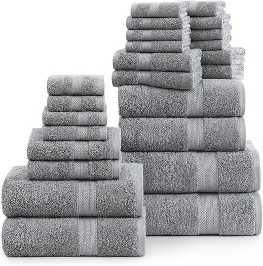Lane Linen Complete 24 PCs Bath Towel Set For Family - 100% Ring Spun Cotton - Quick Dry, Soft & Absorbent Towels For Bathroom - Perfect for Kids, Guest & Everyday Use - Oeko Tex Certified -Space Grey