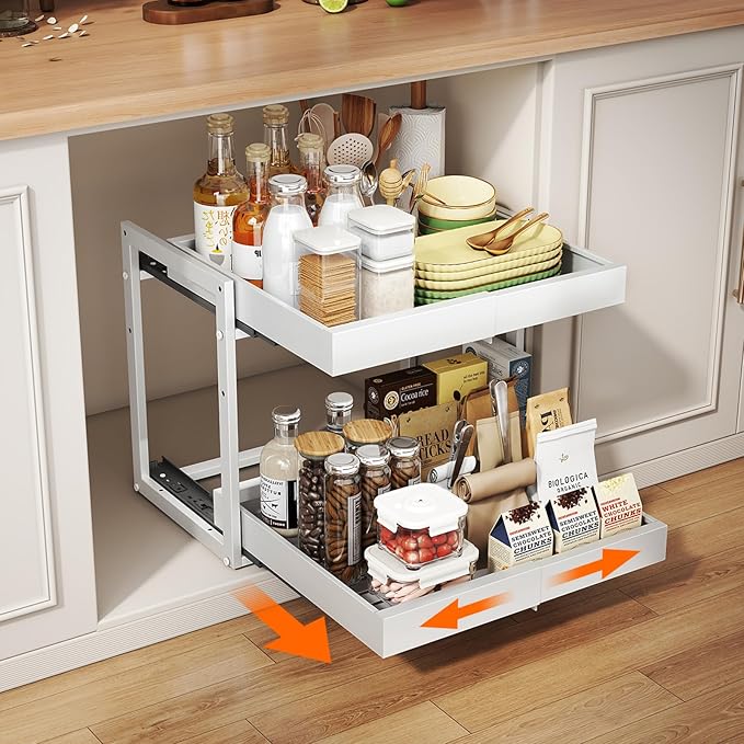 Golener 2-Tier Expandable Pull Out Cabinet Organizer - Slide Out Drawers for Kitchen Cabinets, Bathroom Organizers and Storage, Under Sink Organizer for Kitchen Storage Organization, White Metal Frame
