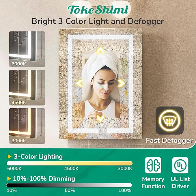 TokeShimi 30x26 Recessed Medicine Cabinet with Lights 3 Color Dimmable and Defogger, Led Medicine Cabinet Mirrored with Outlet Surface or Recessed, Bathroom Mirror with Storage Adjustable