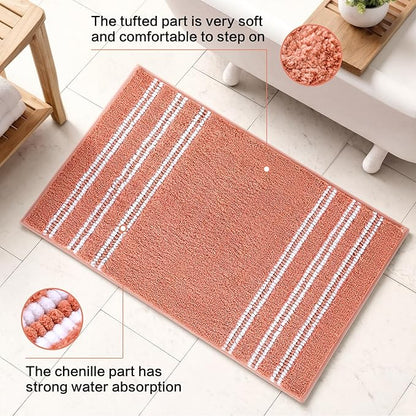 Kmson Bathroom Rugs Mat, 20"x32" Ultra Soft Washable Shaggy Chenille Bath Rugs, Non-Slip Fluffy Thick Water Absorbent Microfiber Mat for Bathtub, Sink and Shower, Pink