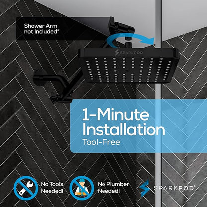 SparkPod Shower Head - High Pressure Rain - Premium Quality Luxury Design - 1-Min Install - Easy Clean Adjustable Replacement for Your Bathroom Shower Heads (Midnight Black Matte, 8 Inch Square)