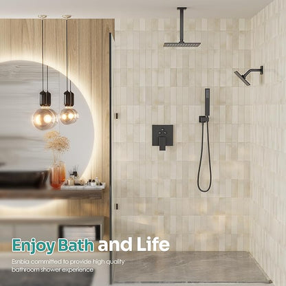 Black Shower System, Matte Black Shower Faucet Set with 3 In 1 Push Button Shower Diverter Valve, 10'' Ceiling Shower Head and 6'' Wall Mounted Shower Head, Black Rain Shower Head with Handheld Spray