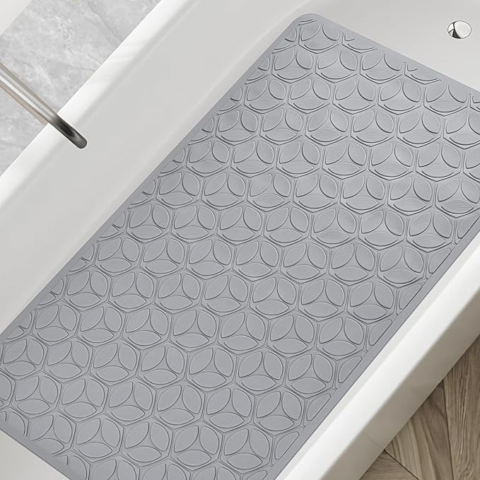WRISIN Bathtub Mat Non Slip with Suction Cups - 100% Rubber Bathroom Mat Textured for Bath Tub Shower Safety - Soft on Touch - BPA/PVC Free - Pet Dog Bath Mat - Machine Washable - 17 × 35 Inch（Gray）
