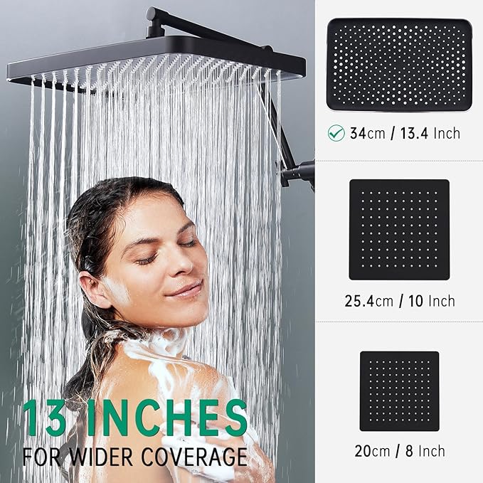 Shower Heads with Handheld Spray Combo, 13 Inches Rain Shower Head with 4 Mode Handheld Wand, and 13 Inches Adjustable Extension Arm, 3 Way Diverter Valve, Extra Long Hose (Matte Black)