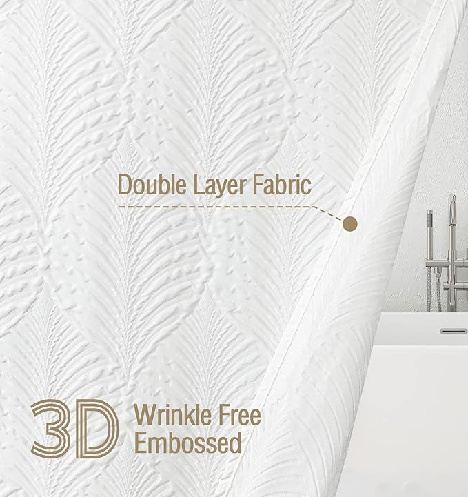 Gibelle White Shower Curtain for Bathroom, 3D Embossed Textured Fabric Curtain, Modern Farmhouse Chic Soft Cloth Set with Hooks, 72x72