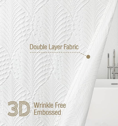 Gibelle Extra Long Shower Curtain 72 x 84, Tall 3D Embossed Textured White Fabric Shower Curtain, Modern Farmhouse Chic Soft Cloth Bathroom Curtains Shower Set with Hooks