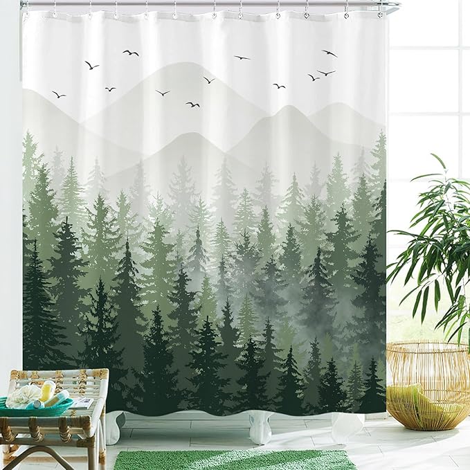 Aipon Green Misty Forest Shower Curtain Ombre Nature Tree Plants Shower Curtains Fabric Waterproof Mountain Shower Curtain Sets for Bathroom Bath Decor with 12 Hooks (Green, 72'' × 78'')