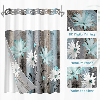 No Hook Rustic Farmhouse Shower Curtain with Snap in Fabric Liner Set, Teal Daisy Flowers and Butterfly on Wooden Double Layers Waterproof with See Through Top Bath Curtain 71x86 Inch
