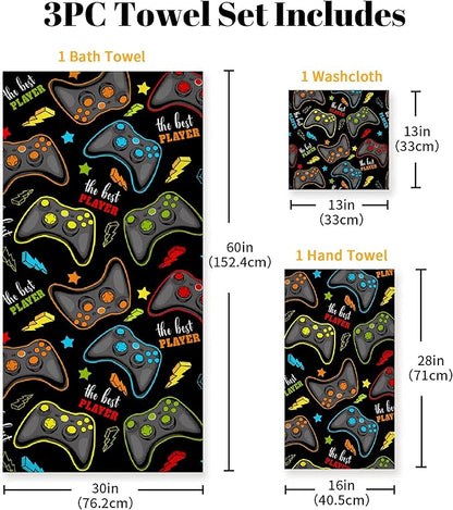 Gaming 3 Piece Towel Bathroom Sets, 1 Bath Towel, 1 Washcloth, 1 Hand Towel, Cotton Fast Dry Soft Absorbent Towel Set for Home Kitchen Family