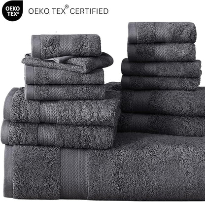 LANE LINEN 100% Cotton Bath Towel Set - Sustainably Produced, 18PCs Towels for Bathroom - 6 Hand, 8 Washcloths, 4 Shower Towels - Machine Washable, Quick Drying, Highly Absorbent - Cool Grey