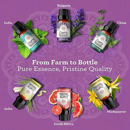GuruNanda Essential Oils Set for Diffusers, 100% Pure, Aromatherapy, Massage, Candle & Soap Making Lavender, Peppermint, Eucalyptus, Grapefruit, Lemongrass, Ylang Ylang 0.33 Fl Oz (Pack of 6)