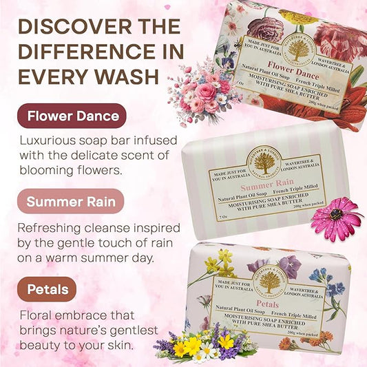 Wavertree & London Natural Soap Bars Gift Set (Set of 3), Assorted Floral Scented Bar Soap Gift Box for Women & Men, Moisturizing & Pure Triple Milled Luxury Bath Soap Bars enriched with Shea Butter