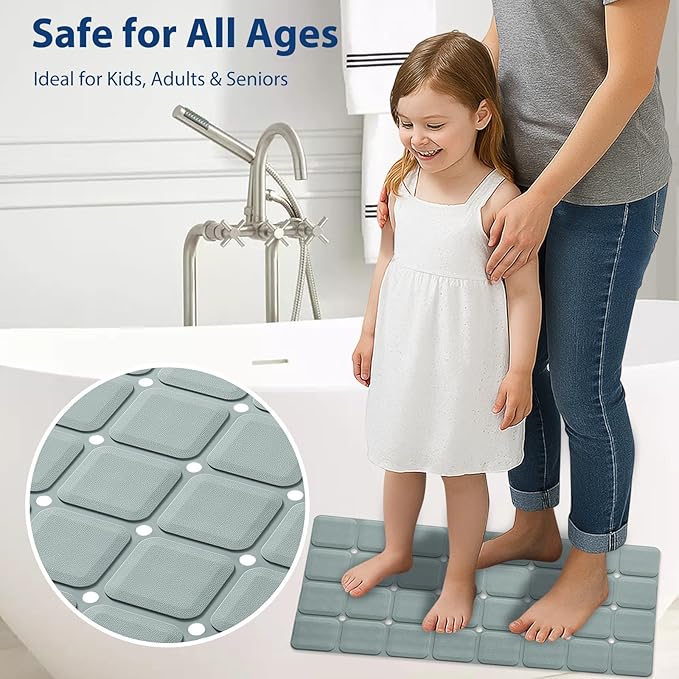 Silicone Bath Mat with Suction Cups – Non-Slip Foldable Bathtub & Shower Mat, Durable & Quick-Dry Safety Tub Mat with Large Drain Holes for Families 28"x 14" Grey