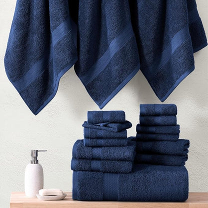 LANE LINEN 100% Cotton Luxury Towel Set for Bathroom - 16 Pieces, Ring Spun - Plush, Soft & Highly Absorbent - 4 Shower Towels, 8 Washcloths, 4 Hand Towels - Complete Bathroom Towel Set - Navy Blue