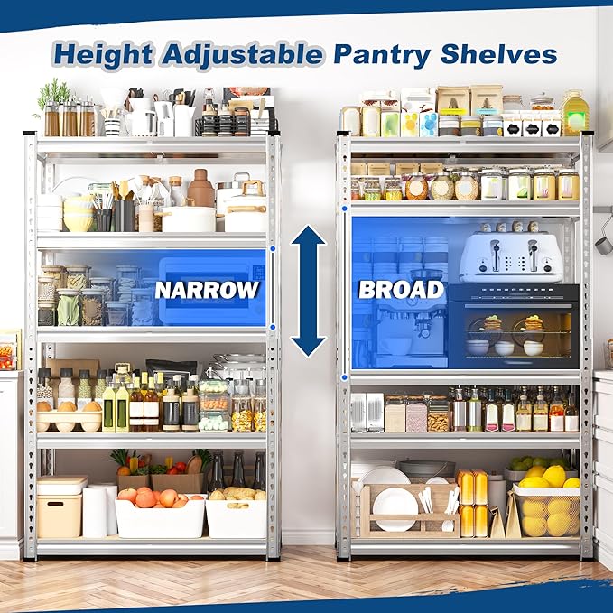 REIBII Storage Shelves 2020LBS Garage Shelving Heavy Duty 5 Tier Metal Shelving Adjustable Pantry Shelves for Garage Pantry Closet Kitchen Basement 28" W x 12" D x 59.8" H, Silver