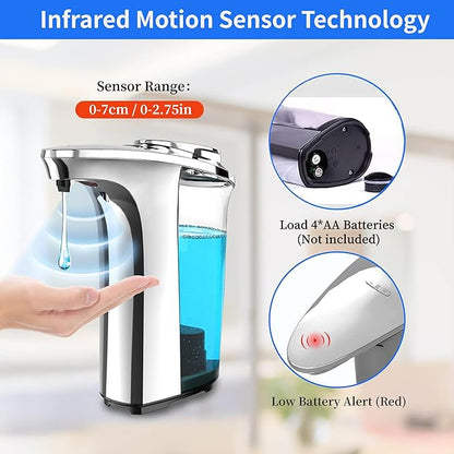 Automatic Soap Dispenser Touchless 17oz/500ml, Set of 2 Pack Liquid Soap Dispenser, Battery Countertop Dispensers with 5 Adjustable Levels, Bathroom Lotion Dispensers Over Sink, Silvery