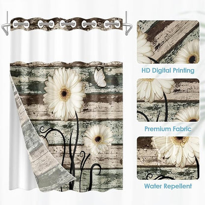 No Hook Vintage Flower Shower Curtain with Snap in Fabric Liner Set, Daisy Wooden Boards Double Layers Waterproof Fabric with See Through Top Window Open Grommet Bath Curtain 54x80 Inch