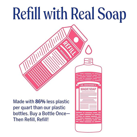Dr. Bronner's Pure-Castile Magic Soap Liquid- Made with Regenerative Organic Certified Oils- For Body, Face, Hair, Dishes, Laundry, Vegan Bath Soaps for Men & Women, Non-GMO - Rose, 32oz + Refill