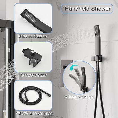 WELLFOR 12-In Ceiling Mount Shower System with Single Handle, Pressure-balanced Valve Included, Waterfall Dual Head Shower Head System, Rain Shower System, Shower Faucet Trim Kits, Matte Black