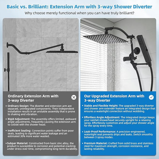 Hibbent All Metal CUPC Certified 10'' Rainfall Shower Head, Dual Shower Head Combo, High Pressure Handheld 4 Sprays Shower Wand, 16'' Adjustable Extension Arm, 71'' Hose, Shower Holder, Matte Black