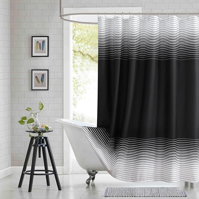 90 Inch Black Shower Curtain, Extra Long Modern Black and White Gradient Horizontal Stripe Waterproof Polyester Shower Curtains for Bathroom, 72x90 Inches
