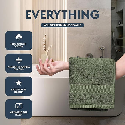 White Classic Luxury Forest Green Hand Towels - Soft 100% Turkish Cotton | Highly Absorbent Hotel spa Bathroom Towel Collection | 16x30 Inch | Set of 6