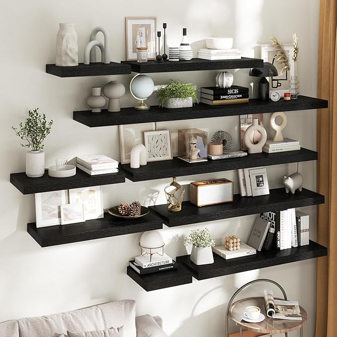 30 Inch Floating Shelves for Wall Set of 2, 12"D Wood Grain Bathroom Shelves with Invisible Brackets, Easy Install Engineered Wood Storage Shelves for Kitchen, Living Room, Bedroom, Black Finish
