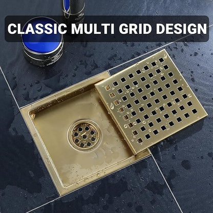 4 Inch Square Shower Floor Drain, Stainless Steel Black Shower Drain Kit with Flange, Floor Drain with Removable Grid Cover,Brushed Gold