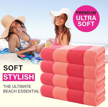 CASA COPENHAGEN Malibu Beach Towels Designed in Denmark Rough and Tough, Quick Dry, for Pool, Bath & Shower 30x60 inches 4 Pieces Cotton Beach Bath Towels Set - Pink