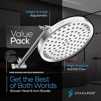 SparkPod Round Rain Shower Head with Shower Head Extension Arm - High Pressure Rain - Luxury Modern Look - No Hassle Tool-less 1-Min Installation (11" Shower Arm Extension, Luxury Polished Chrome)