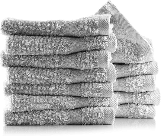 Hearth & Harbor Washcloths 12 Pack - 100% Cotton Washcloth for Body and face, High Absorbent and Soft 13"x13" Body Wash Cloth, Quick Dry - Silver Grey Washcloths