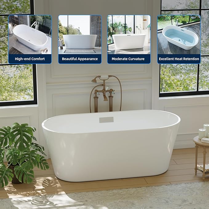 67" Acrylic Freestanding Bathtub, Modern White Soaking Tub for Bathrooms, Easy Install Contemporary Bath Tub with Chrome Overflow and Drain