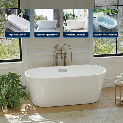 67" Acrylic Freestanding Bathtub, Modern White Soaking Tub for Bathrooms, Easy Install Contemporary Bath Tub with Chrome Overflow and Drain
