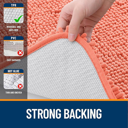 OLANLY Bathroom Rugs 47x24, Extra Soft Absorbent Chenille Bath Rugs, Rubber Backing Quick Dry, Machine Washable Bath Mats for Bathroom Floor, Tub and Shower, Home Decor Accessories, Coral
