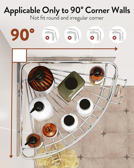 Orimade Corner Shower Caddy Stainless Steel with Hooks Wall Mounted Bathroom Shelf Storage Organizer Adhesive No Drilling 2 Pack, Silver Only for 90-Degree Corner