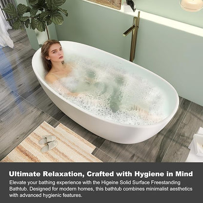 73" Premium Solid Surface Freestanding Bathtub, Contemporary Design Stand Alone Stone Resin Tub with Overflow and Pop-up Drain, Matte White