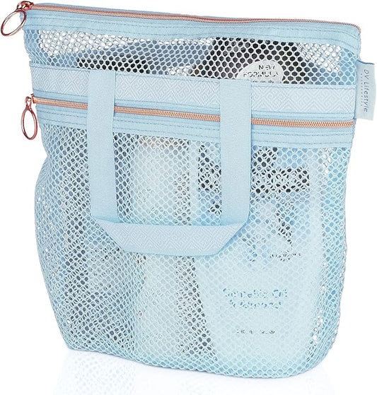 Mesh Shower Bag 10.2x9.9'' Quick-Dry Caddy with Zipper & 2 Pockets. Portable Toiletry Tote for Bathroom, Gym, Travel, Camp, Beach, for Sunscreen, Dorm & College Essentials (Blue)