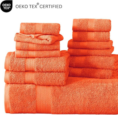 LANE LINEN 100% Ringspun Cotton Luxury Bath Towel Set, 18 PCs - 4 Bath Towels, 8 Washcloths, 6 Hand Towels - Sustainably Produced & Eco Friendly, Quick Drying & Ultra Absorbent - Living Coral